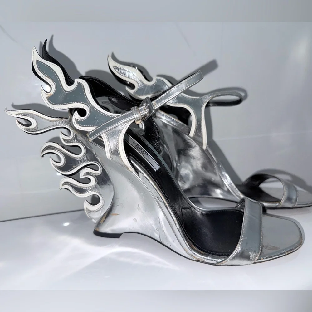Prada Silver and Black Flame Wedge Sandals Shoes Vintage Y2K 90s Size 39